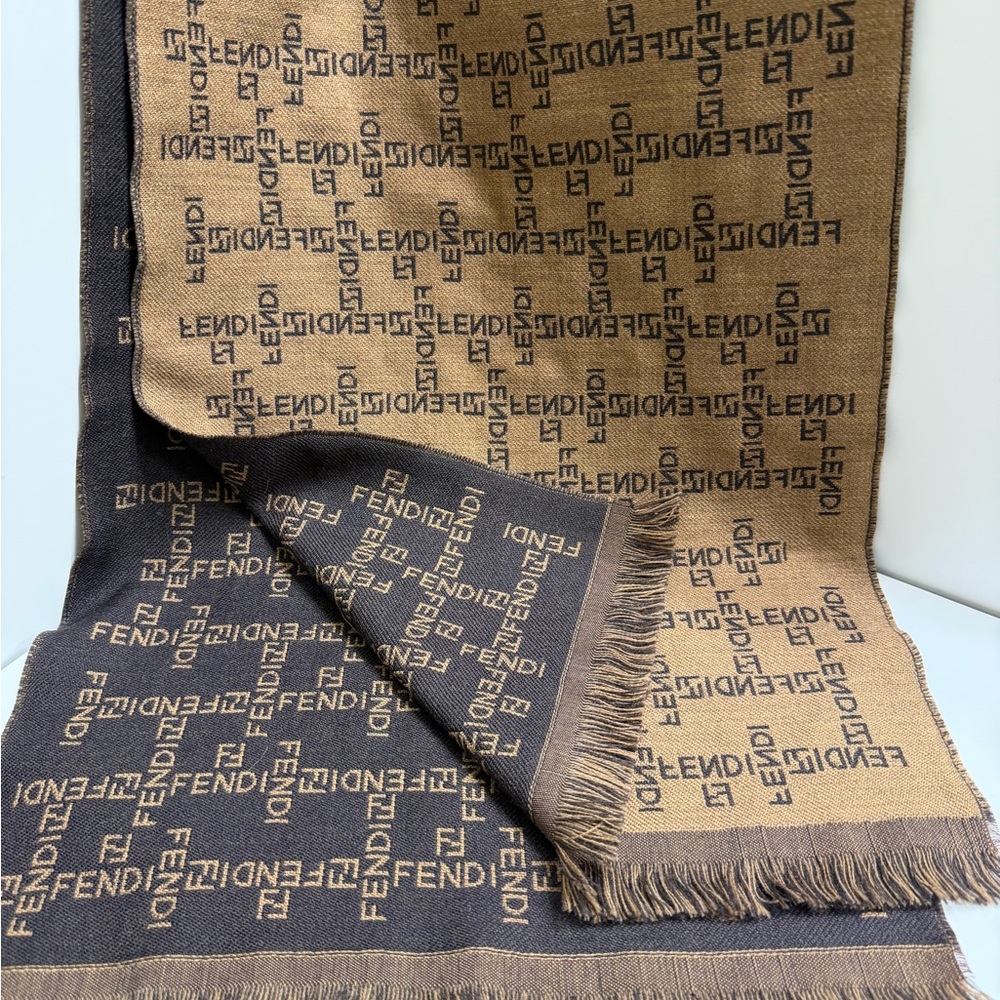 Fendi Tan and Black Logo Pattern Scarf